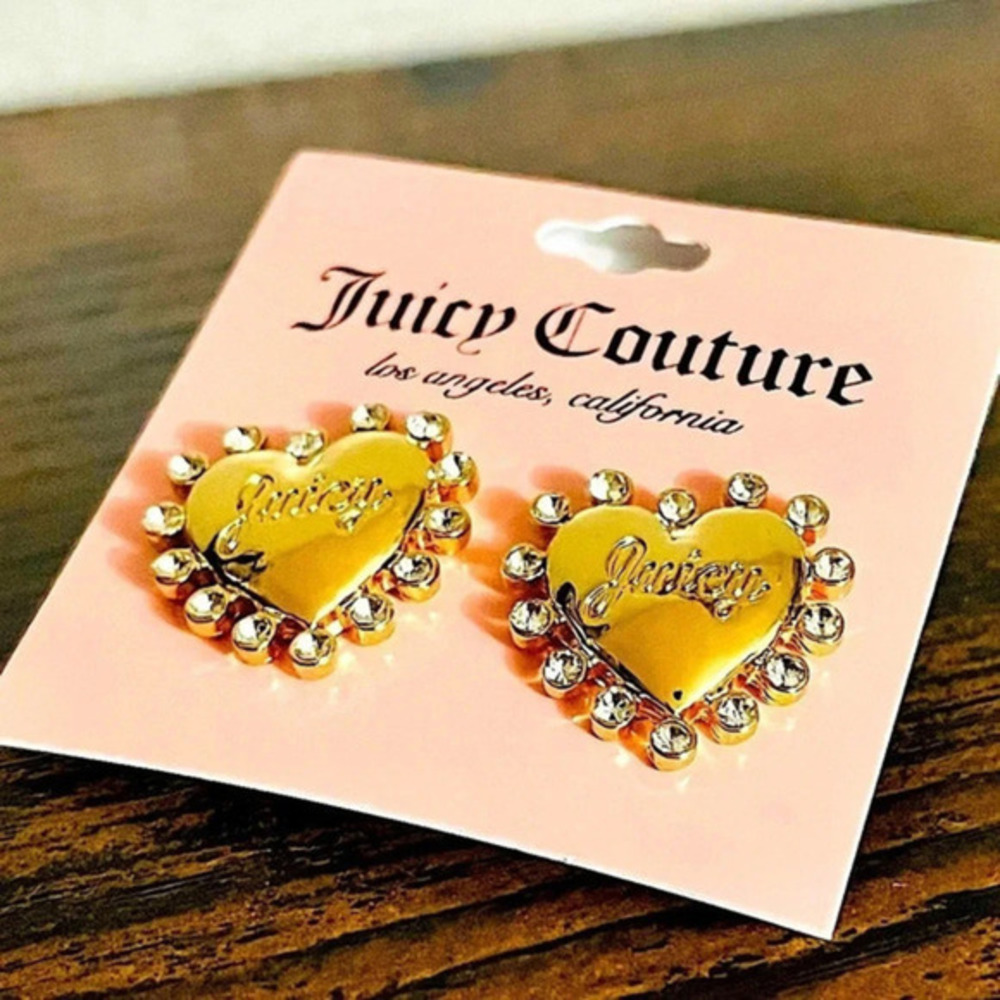 Juicy Couture Gold Tone Heart Crystal Stud Earrings Rhinestone NWT